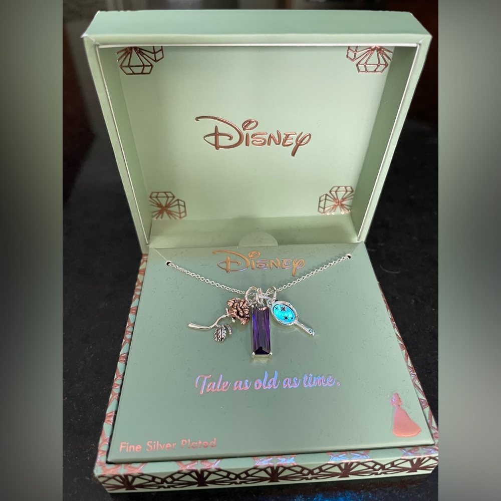 Disney Belle Necklace Fine Silver Plated Rose Mirror Charm Beauty & The Beast